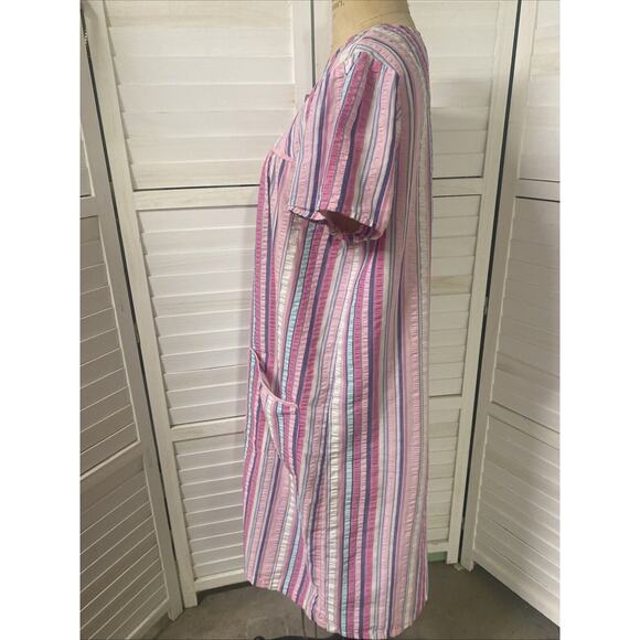 Pink K Snap Up Pearl Button House Dress Size Robe Stripe Pockets Sz Large - Picture 6 of 9